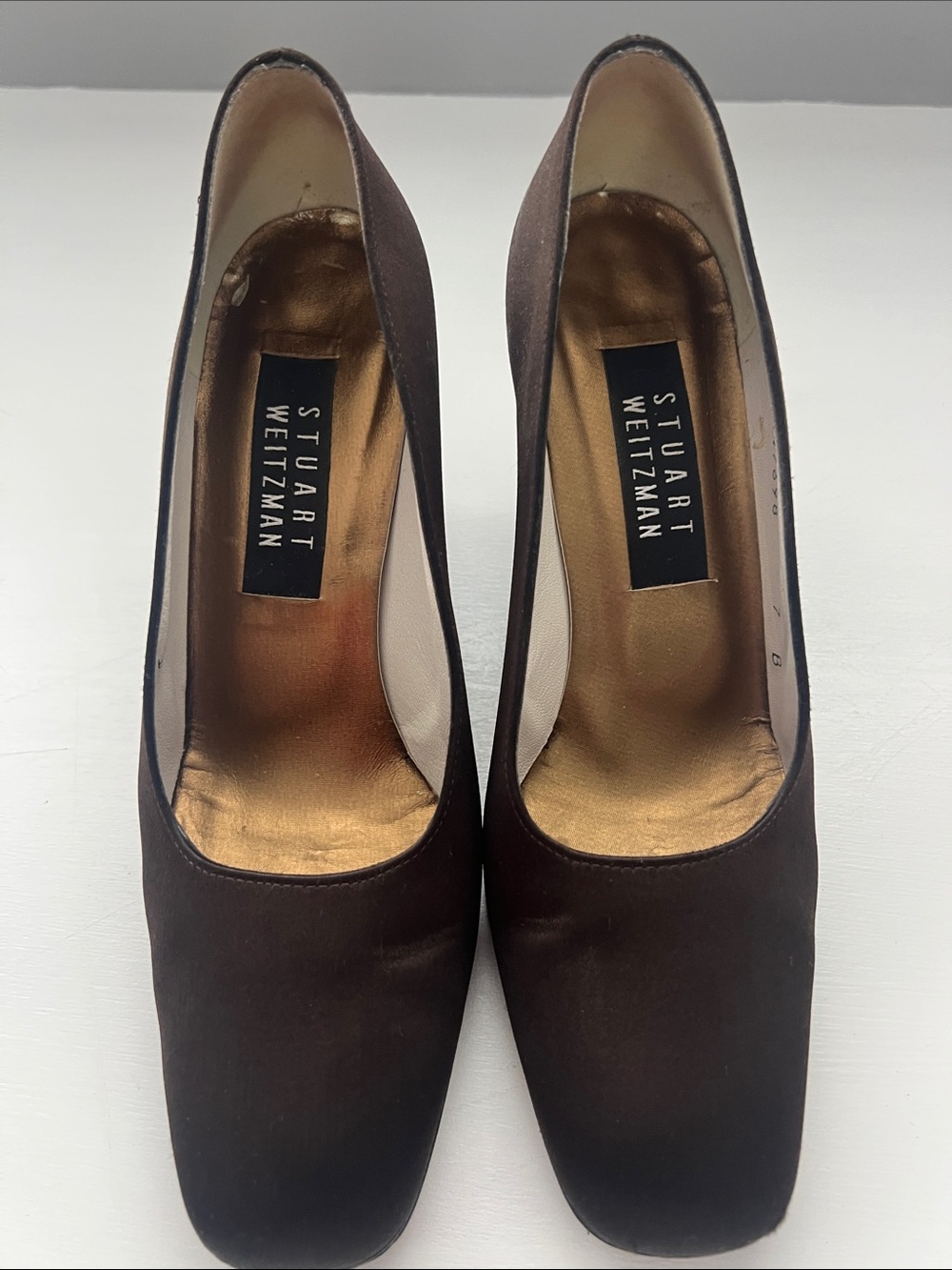 Stuart Weitzman Brown Satin Square-Toe Pumps